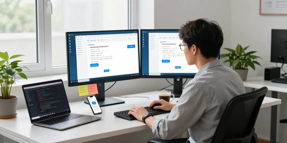 Developer configuring Telegram Chinese settings in a modern tech workspace.