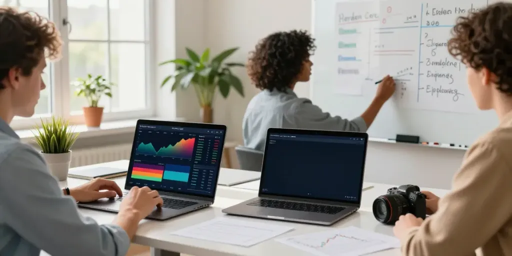 Collaborative trading environment using nordencore.ca app in a modern office.