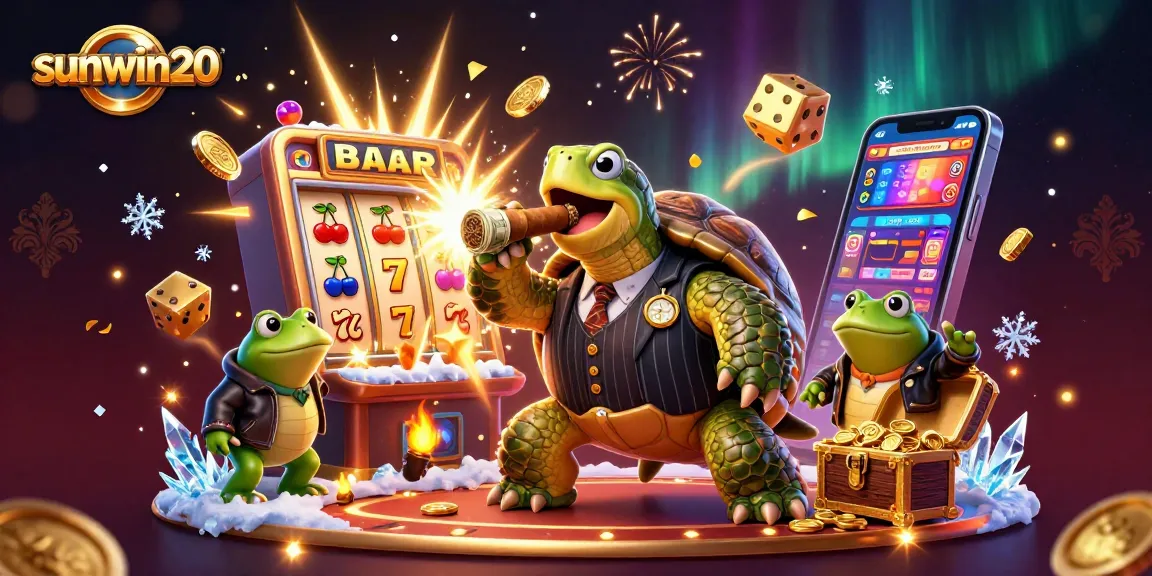 Engage with sunwin20 in this vibrant casino scene featuring a cartoon turtle and bullfrog enforcers amidst jackpot excitement.