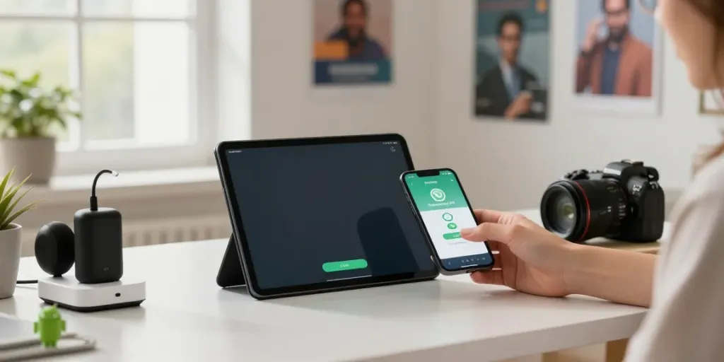 Download FM WhatsApp on a smartphone in a cozy home office