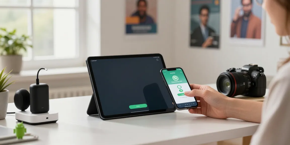 Download FM WhatsApp on a smartphone in a cozy home office